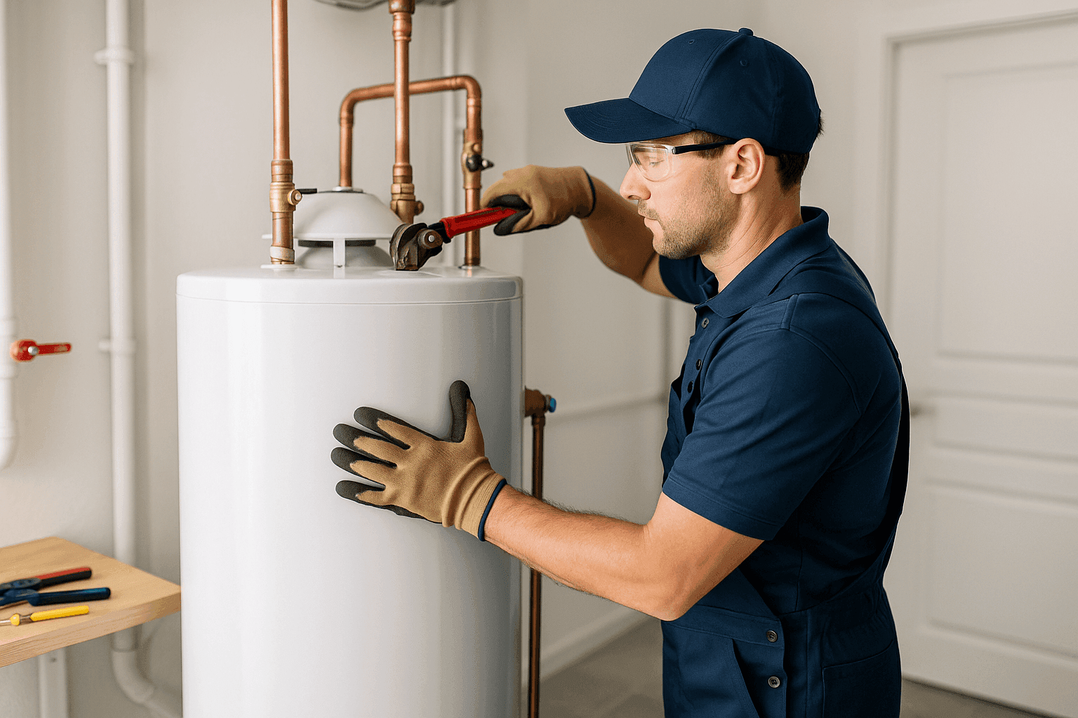 Plumber installing a new water heater in a home utility room