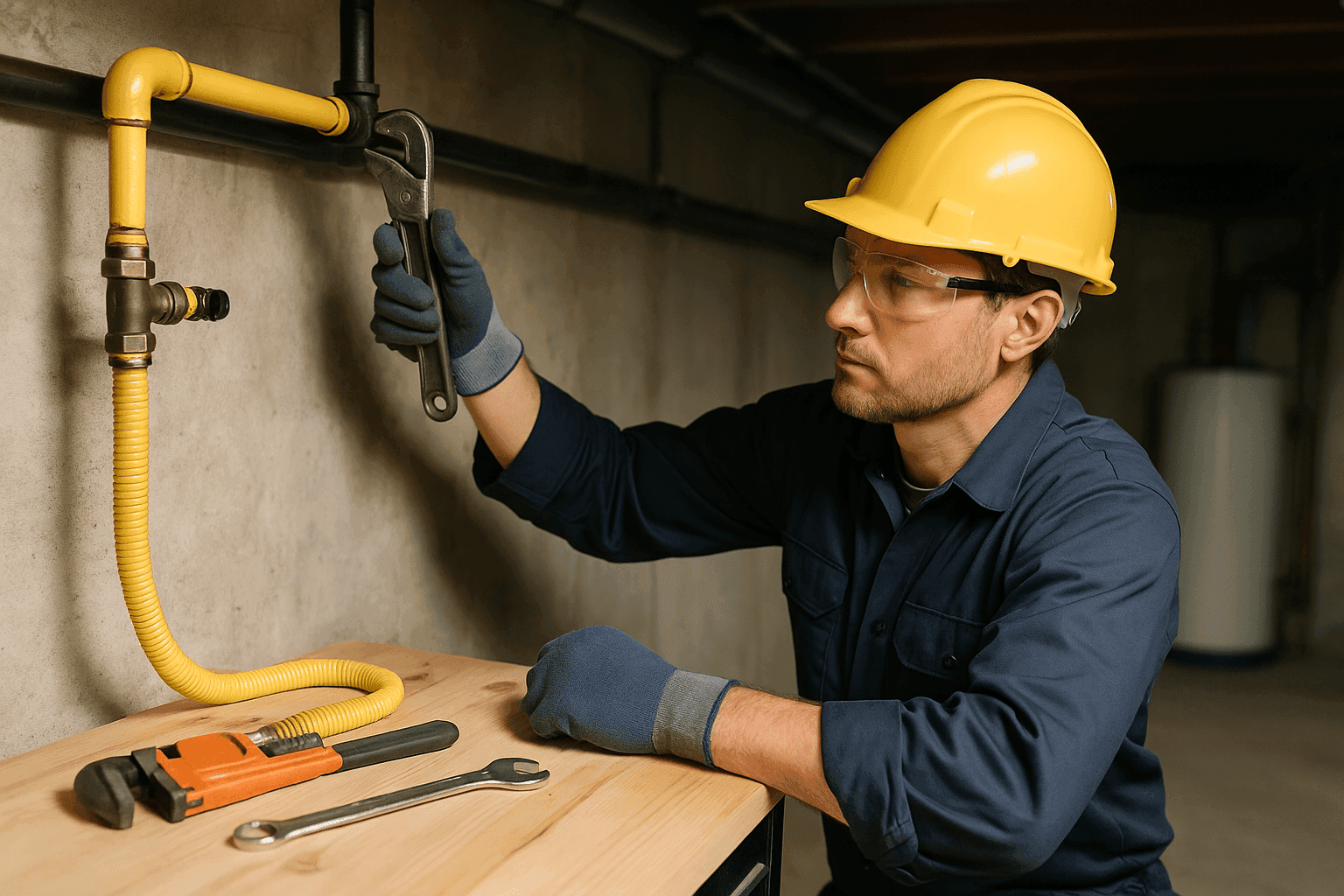 Plumber inspecting residential gas line installation with safety equipment