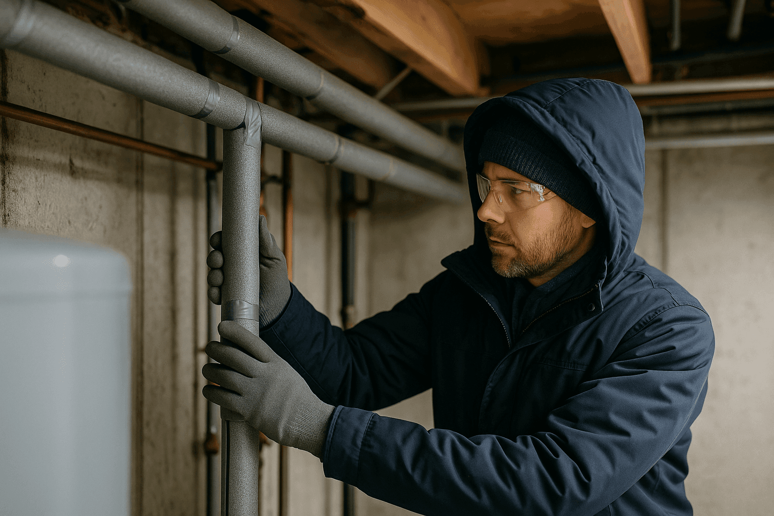 Plumber inspecting insulated pipes in a home basement during winter preparation