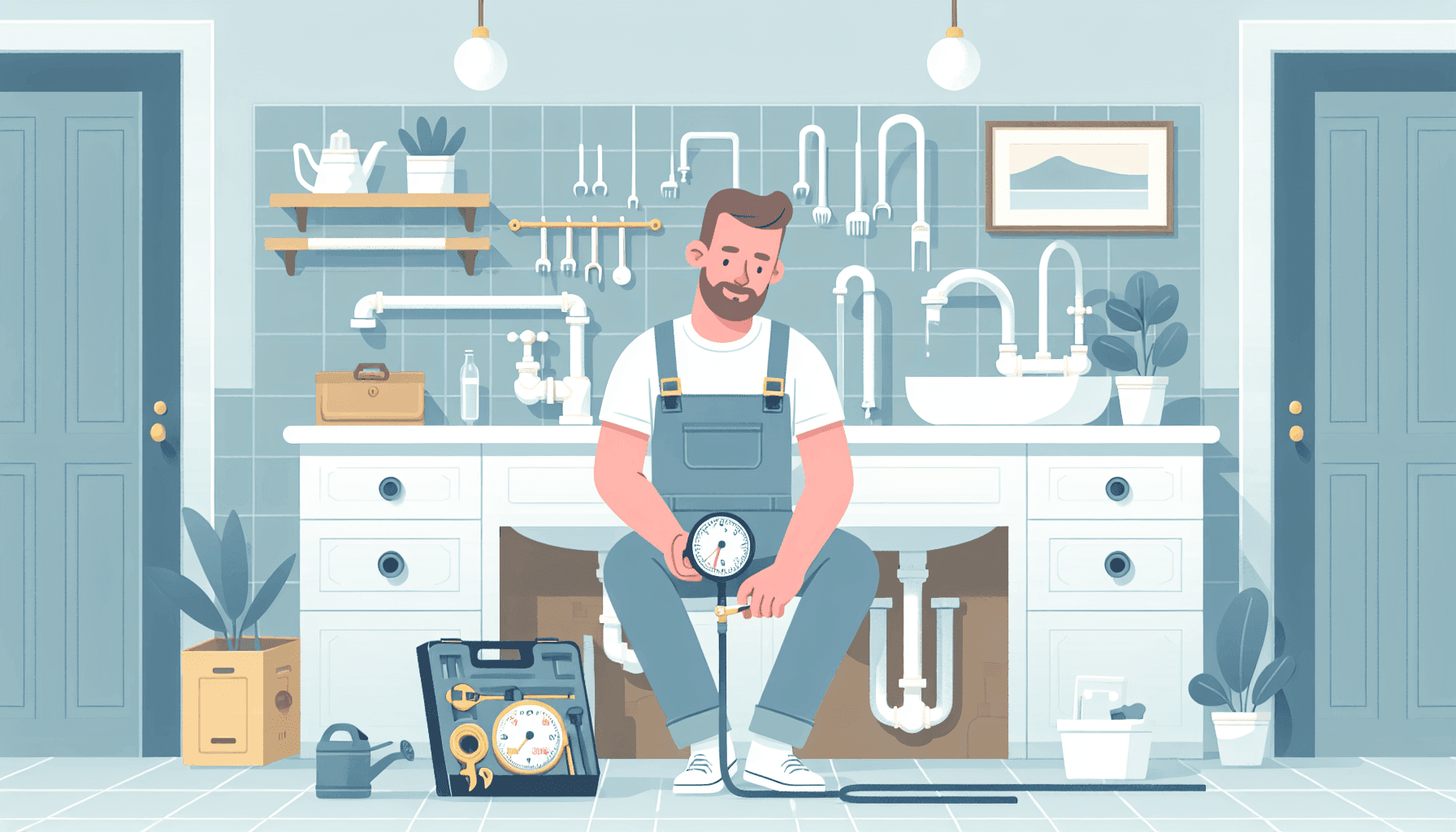 Plomero revisando la presión de agua en el fregadero de la cocina